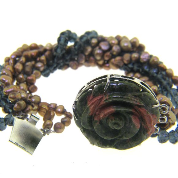 14k Fresh Water Brown & blue Crystal Bracelet with Flower Brooch clasp. - Picture 2 of 3